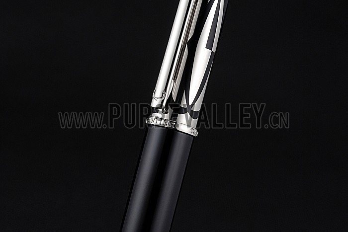 Cartier Silver Rimmed Silver Patterned Upper Body Black Ballpoint Pen 622757