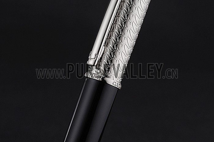 Cartier Silver Rimmed Silver Embossed Upper Body Black Ballpoint Pen 622760