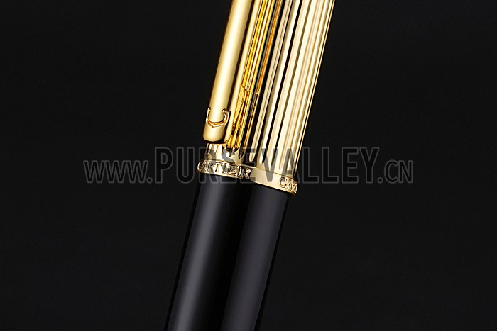 Cartier Gold Rimmed Gold Grooved Upper Body Black Ballpoint Pen 622765