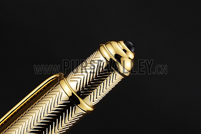 Cartier Gold Rimmed Gold Wave Pattern Upper Body Black Ballpoint Pen 622770