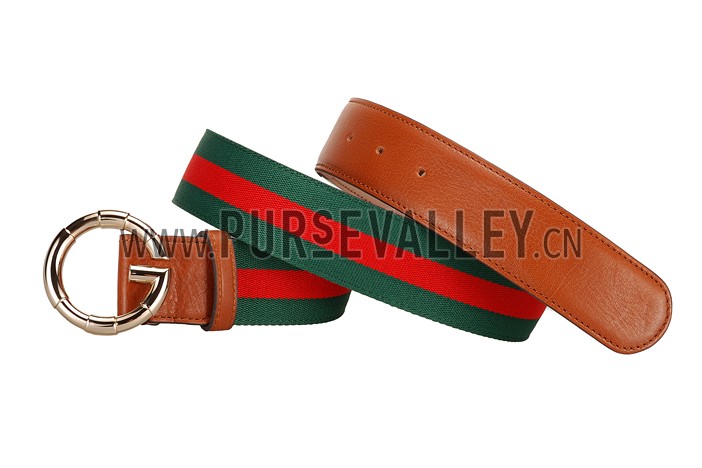 Gucci Web Brown Leather Belt with Golden Rimmed Buckle