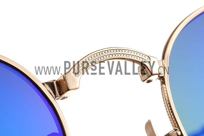 Ray Ban Round Gold Metal Frame Blue/Violet Mirrored Lenses Sunglasses 308157
