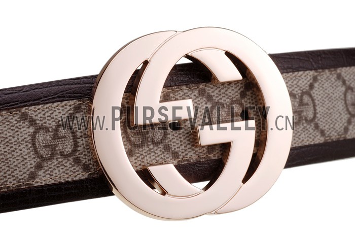 Gucci Replica Brown Leather Trim Interlocking Brass G Buckle Monogram Belt