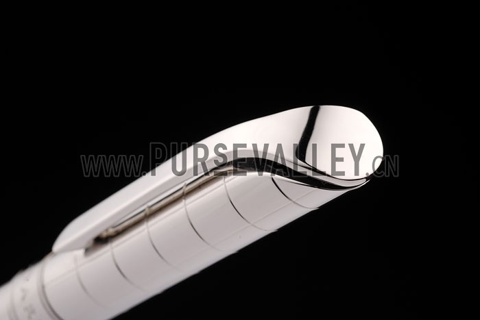 Bvlgari Slim Tip Vertical Grooved Cutwork Pattern Silver Ballpoint Pen With Bvlgari Engraving