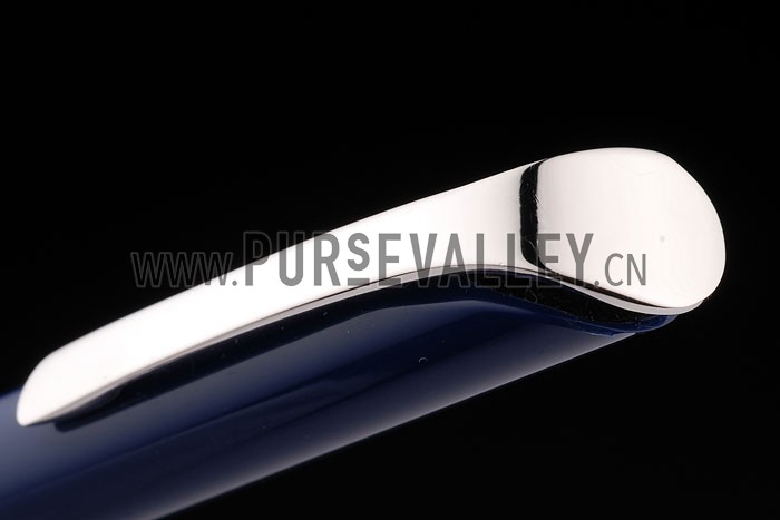 Bvlgari Slim Silver Pointed Tip And Rim Blue Ballpoint Pen With Bvlgari Engraving