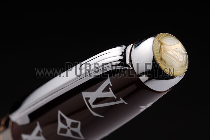 Louis Vuitton Monogram Chocolate And Silver Ballpoint Pen With Louis Vuitton Engraved And Logo Stud Rounded Monogram Cap
