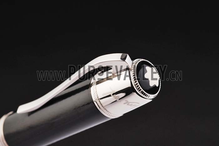 MontBlanc Silver Trimmed Black Enamel Ballpoint Pen With MB Engraved Black And Silver Cap 98053