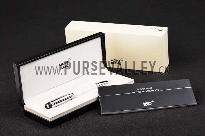MontBlanc Slim Silver Rim White Enamel Ballpoint Pen With MB Engraved Silver Cap