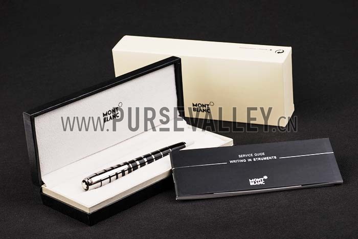 MontBlanc Silver Ring Pattern Black Enamel Ballpoint Pen With MB Engraved Cap
