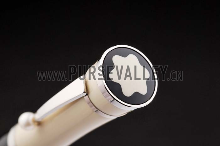 MontBlanc Silver Tipped Black Ballpoint Pen With Silver Trimmed MB Engraved Enameled Ivory Back With Pearl Stud