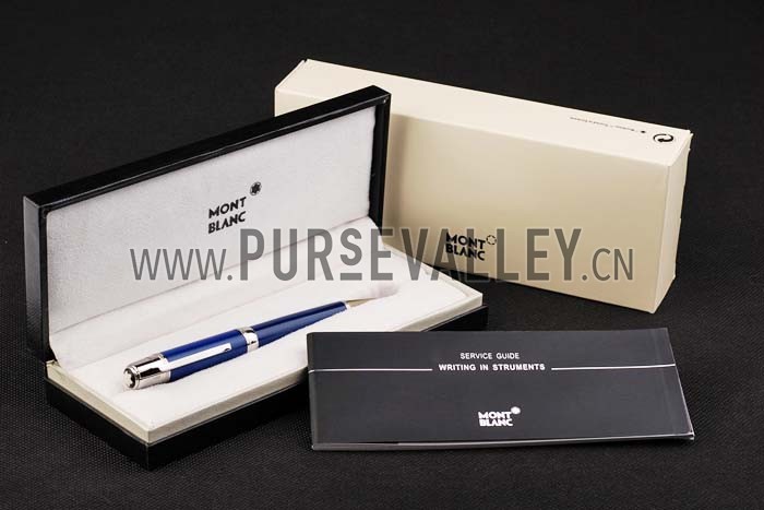 MontBlanc Silver Tip And Rim Blue Ballpoint Pen With MB Engraving