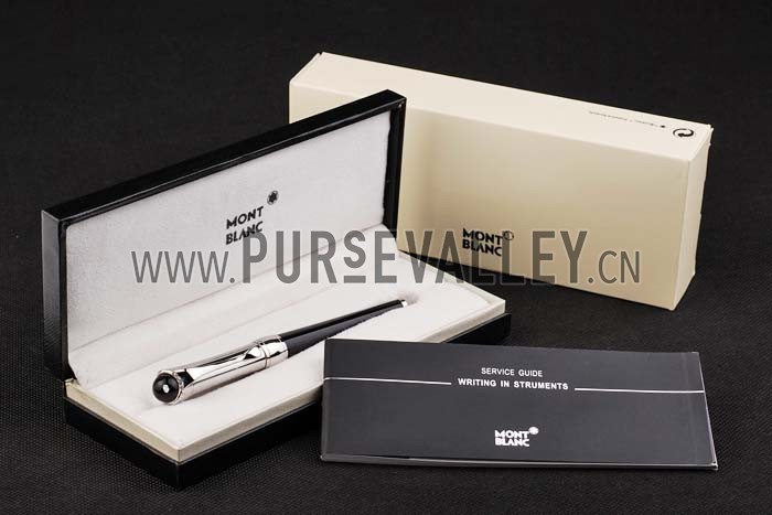 MontBlanc Black Ballpoint Pen With MB Engraved And Crystal Studded Curved Silver Cap