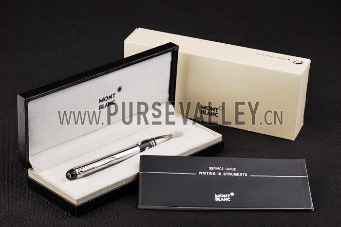 MontBlanc Pointed Tip Thick Rounded MB Engraved Silver Ballpoint Pen With Black Trimming