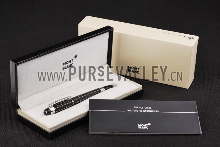 MontBlanc Silver Trimmed Square Cutwork Black Ballpoint Pen With MB Engraved Cap