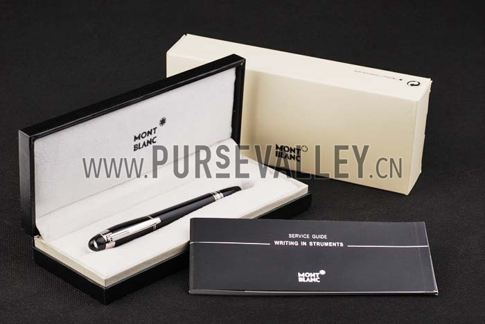 MontBlanc Silver Trimmed Thick Rounded Black Enamel Ballpoint Pen With MB Engraved Cap