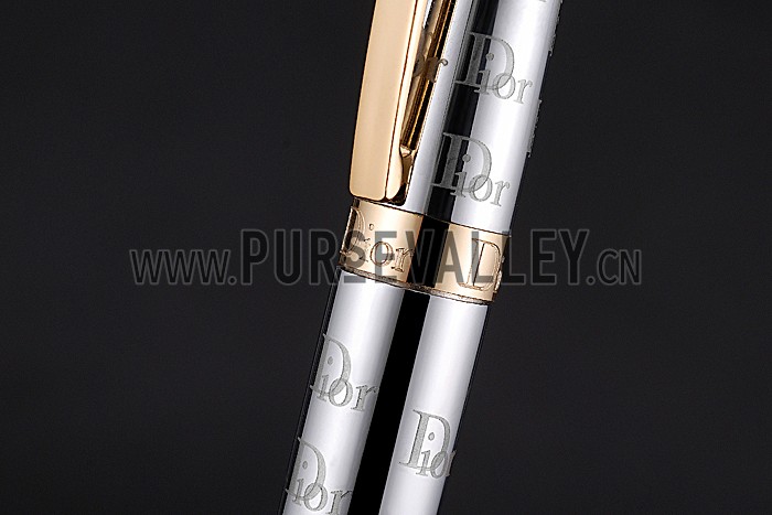 Christian Dior Gold Rimmed Fully Monogramed Silver Ballpoint Pen 622738