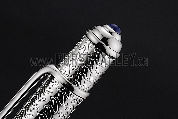 Cartier Silver Rimmed Silver Embossed Upper Body Black Ballpoint Pen 622760
