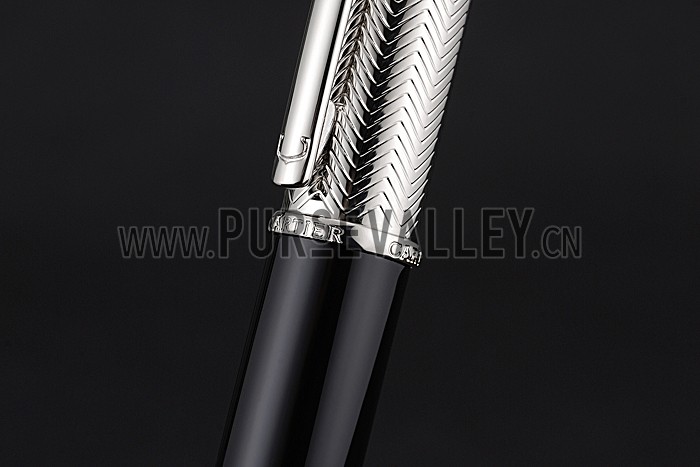 Cartier Silver Rimmed Silver Wave Pattern Upper Body Black Ballpoint Pen 622768
