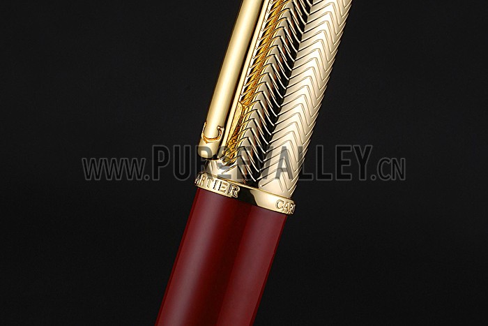 Cartier Gold Rimmed Gold Wave Pattern Upper Body Red Ballpoint Pen 622771