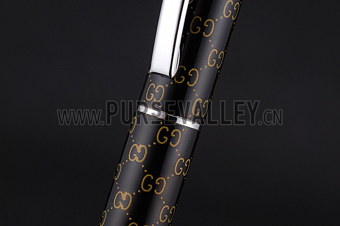 Gucci Silver Rimmed Full Monogrammed Black Ballpoint Pen 622781