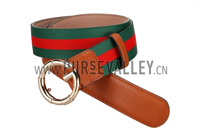 Gucci Web Brown Leather Belt with Golden Rimmed Buckle