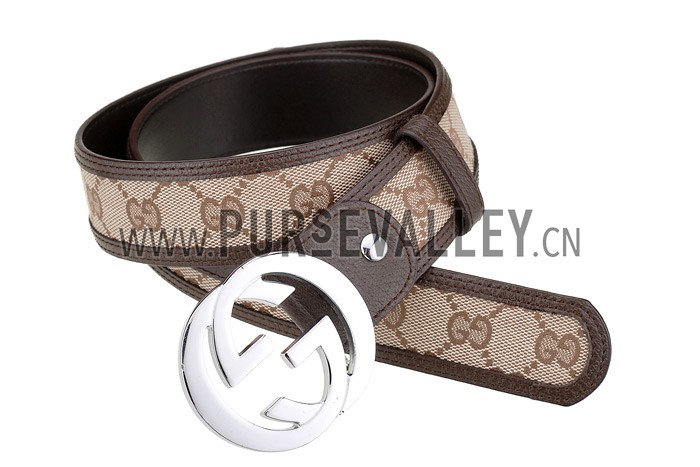 Gucci Replica Brown Leather Trim Interlocking Silver G Buckle Monogram Belt