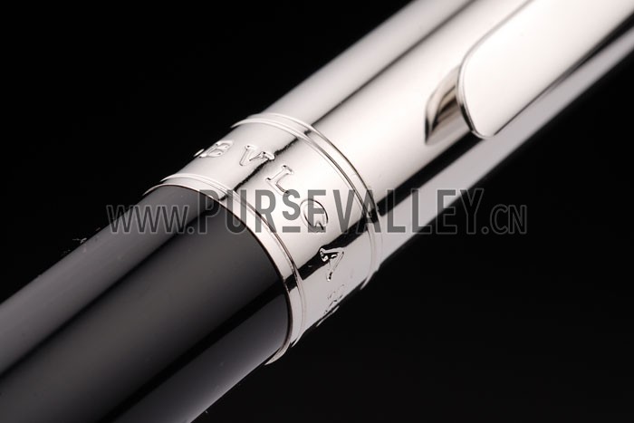 Bvlgari Slim Silver Tipped Black Ballpoint Pen With Bvlgari Engaved Silver Back