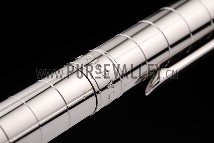 Bvlgari Slim Tip Vertical Grooved Cutwork Pattern Silver Ballpoint Pen With Bvlgari Engraving