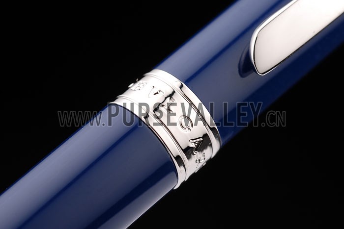 Bvlgari Slim Silver Pointed Tip And Rim Blue Ballpoint Pen With Bvlgari Engraving