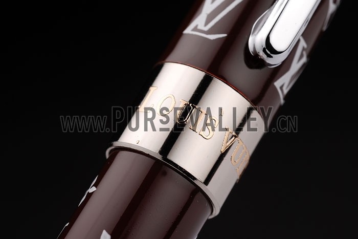 Louis Vuitton Monogram Chocolate And Silver Ballpoint Pen With Louis Vuitton Engraved And Logo Stud Rounded Monogram Cap