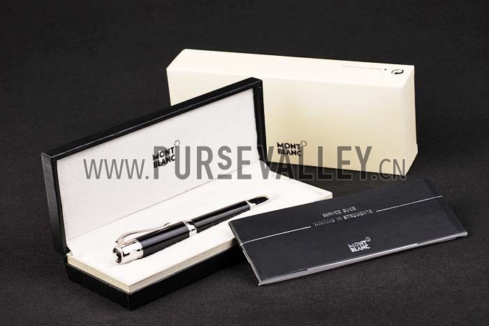 MontBlanc Silver Trimmed Black Enamel Ballpoint Pen With MB Engraved Black And Silver Cap 98053