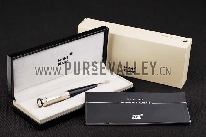 MontBlanc Silver Tipped Black Ballpoint Pen With Silver Trimmed MB Engraved Enameled Ivory Back With Pearl Stud