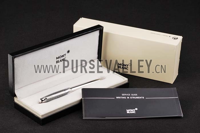 MontBlanc Silver Ballpoint Pen With MB Engraved Black Floral Design Silver Cap