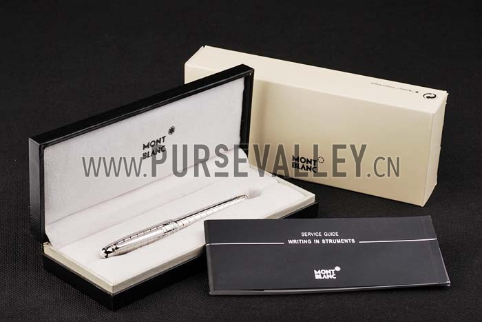 MontBlanc Silver Vertical Grooved Cutwork Slim Ballpoint Pen With MB Engraved Cap