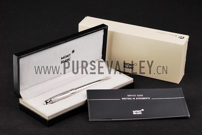 MontBlanc Silver Vertical Grooved Cutwork Slim Ballpoint Pen With MB Engraving