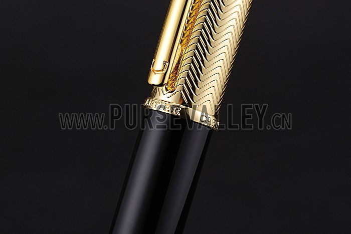 Cartier Gold Rimmed Gold Wave Pattern Upper Body Black Ballpoint Pen 622770