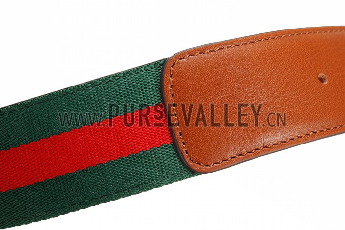 Gucci Web Brown Leather Belt with Golden Rimmed Buckle