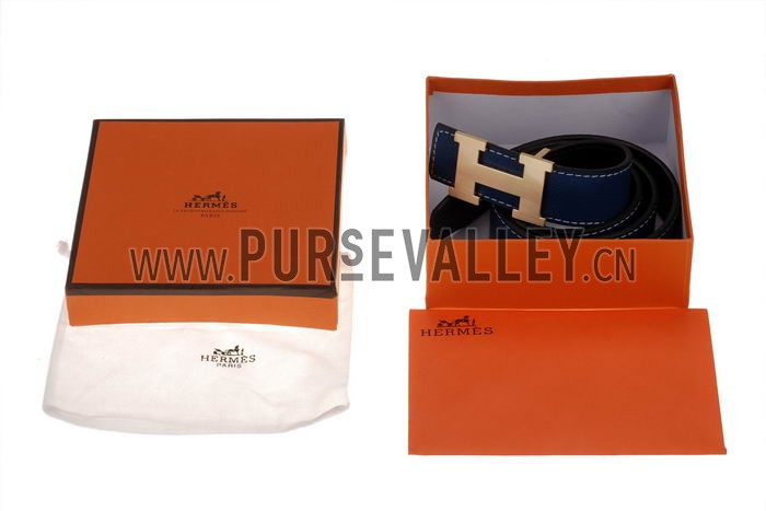 Hermes Blue Belt with Golden H Buckle