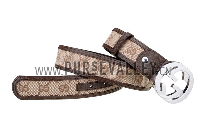 Gucci Replica Brown Leather Trim Interlocking Silver G Buckle Monogram Belt