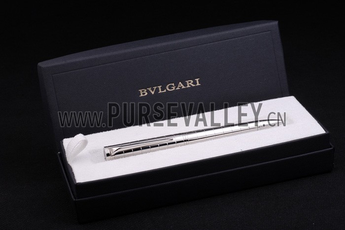 Bvlgari Vertical Grooved Cutwork Pattern Silver Ballpoint Pen With Bvlgari Engraving