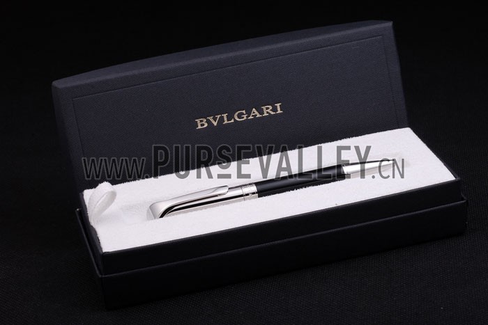 Bvlgari Slim Silver Tipped Black Ballpoint Pen With Bvlgari Engaved Silver Back