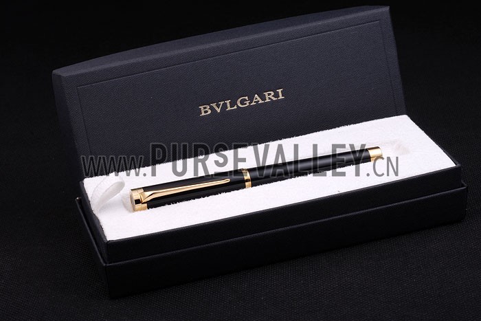 Bvlgari Gold Rimmed Black Ballpoint Pen With Bvlgari Engraved Cap