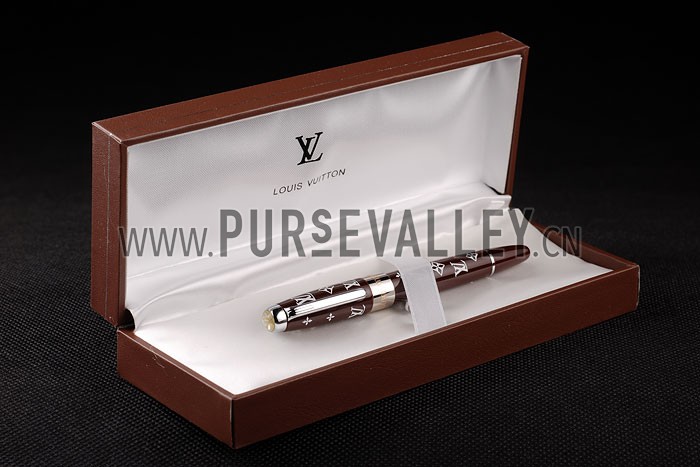 Louis Vuitton Monogram Chocolate And Silver Ballpoint Pen With Louis Vuitton Engraved And Logo Stud Rounded Monogram Cap