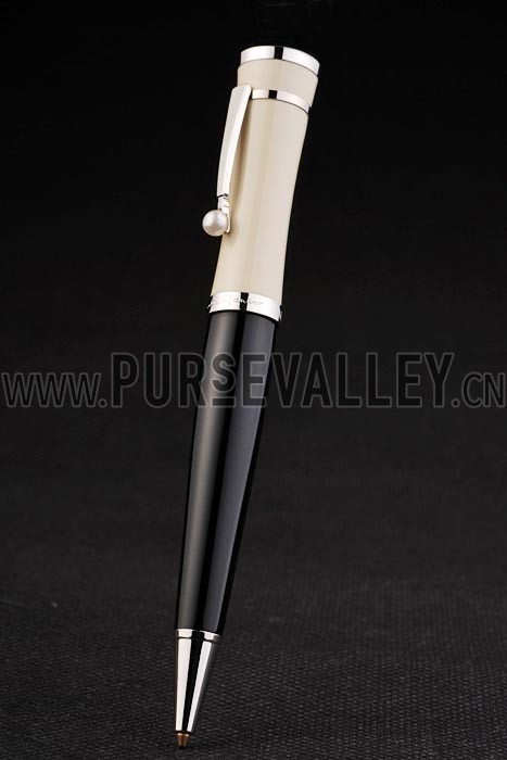 MontBlanc Silver Tipped Black Ballpoint Pen With Silver Trimmed MB Engraved Enameled Ivory Back With Pearl Stud