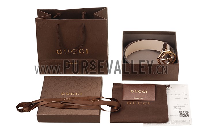 Guccissima Brown Leather Belt with Square Interlocking Buckle