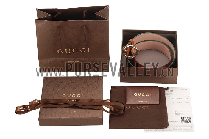 Gucci Web Brown Leather Belt with Golden Rimmed Buckle