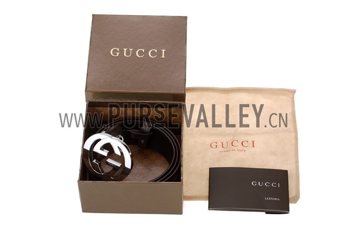 Gucci Replica Brown Leather Trim Interlocking Silver G Buckle Monogram Belt