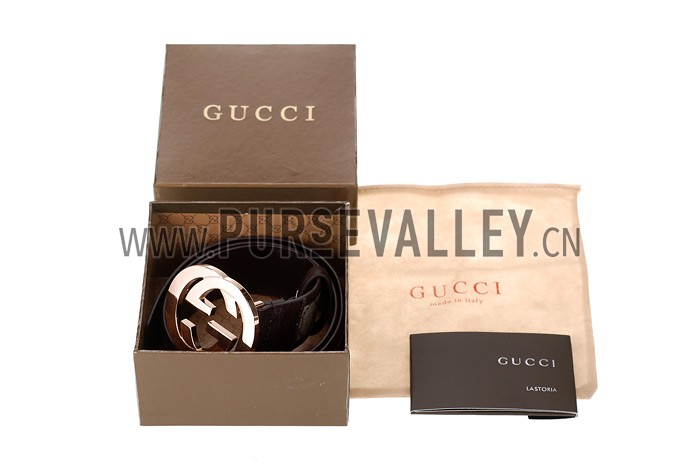 Gucci Replica Brown Leather Trim Interlocking Brass G Buckle Monogram Belt