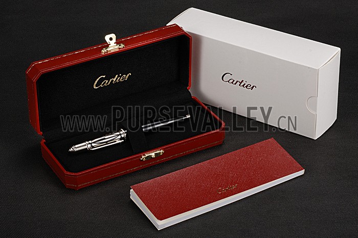 Cartier Silver Rimmed Silver Patterned Upper Body Black Ballpoint Pen 622757