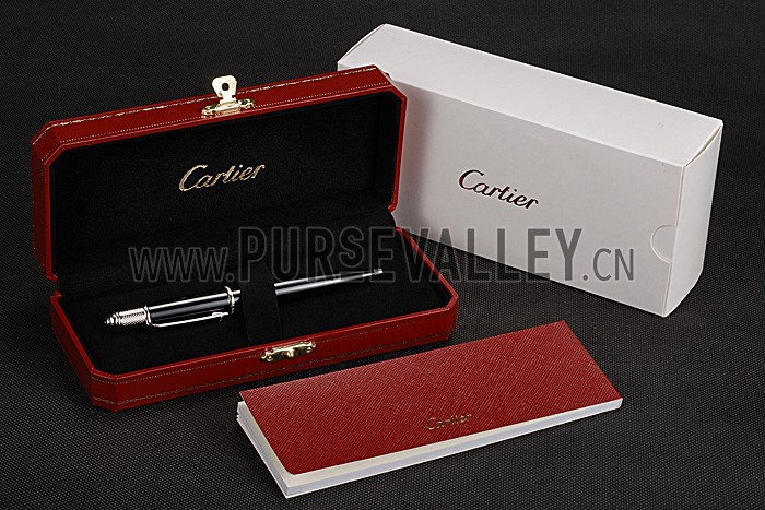 Cartier Silver Rimmed Black Ballpoint Pen 622758